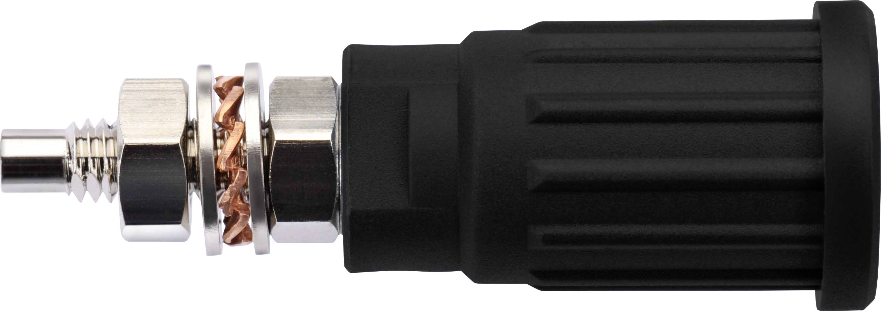 Black connector with metal threading and copper element, side view. Suitable for electrical connections.