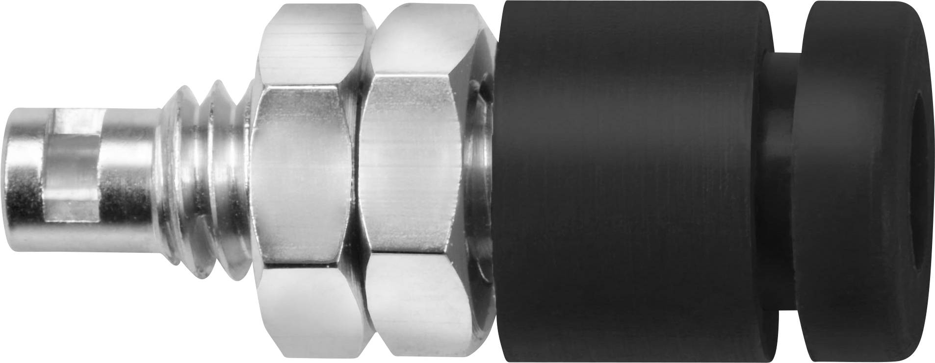 Metallic quick-release coupling plug with black and metallic components, likely for compressed air systems.