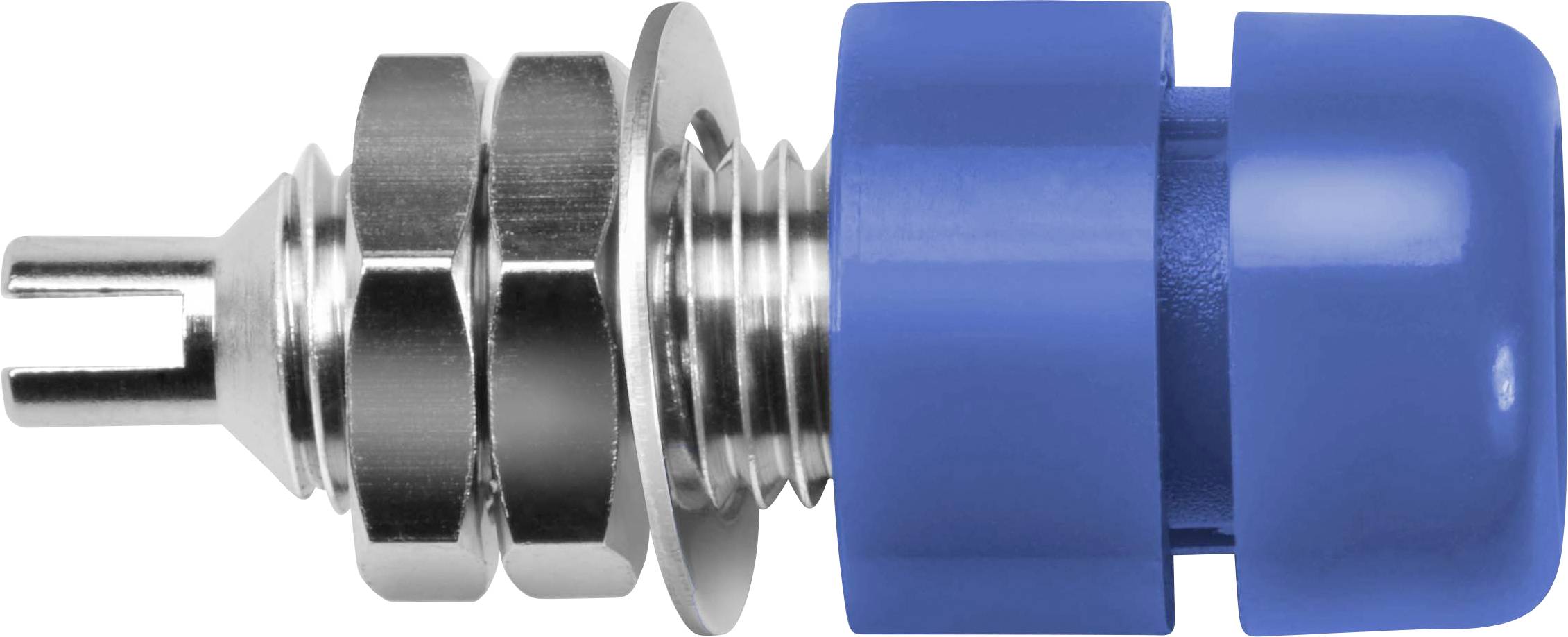 Metal and plastic component with a screw thread and blue cover, possibly part of an industrial machine.