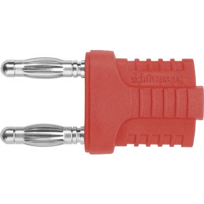 A red, two-pin banana plug with a ribbed grip texture, used for secure connection in electrical applications.