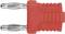 A red, two-pin banana plug with a ribbed grip texture, used for secure connection in electrical applications.