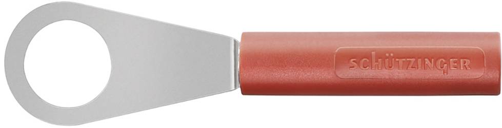 Cable lug with red insulated handle and silver hole connector. Text on handle: 'SCHÜTZINGER'.