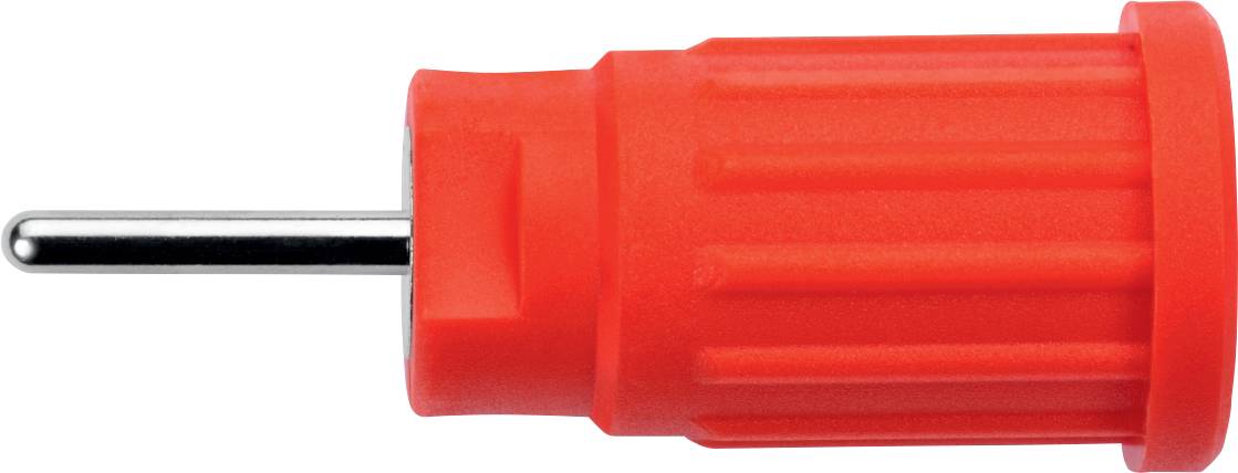A red socket cover for European plug sockets, cylindrically shaped, with a visible metal pin on the left side.