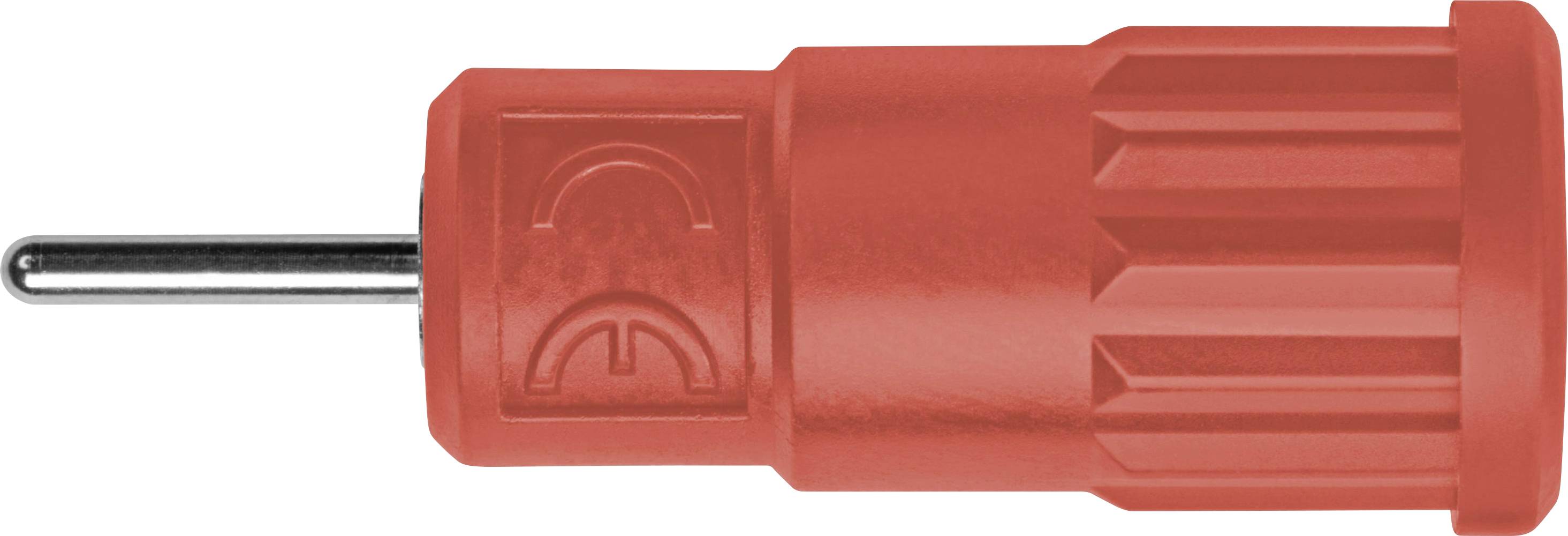 Red safety plug with an insulated handle and visible metal tip, suitable for electrical connections.