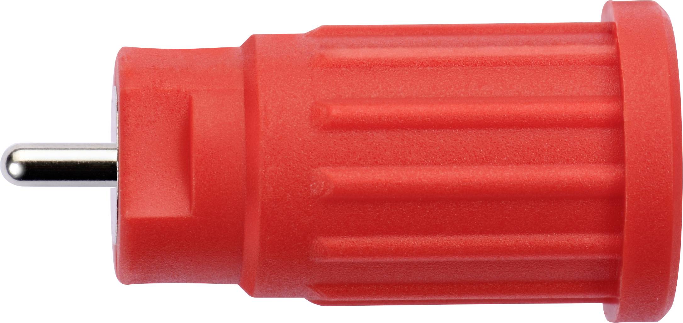 'Red plug with ridged grip; front view shows a metal plug. Used in electronic devices.'