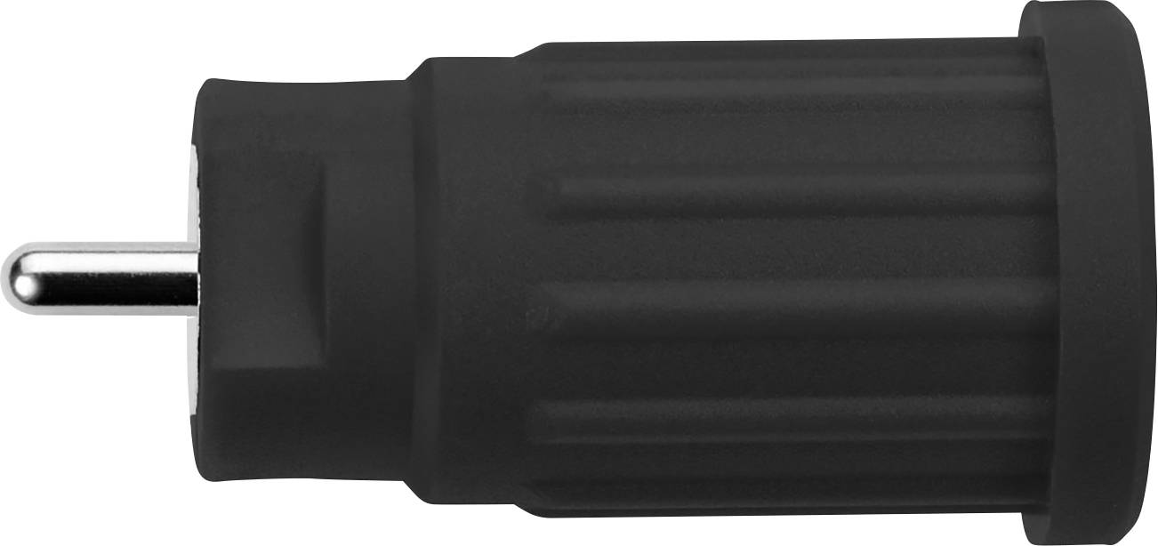 Black earthed electrical plug with side view, showing plug shape and design, used for electrical devices in Europe.