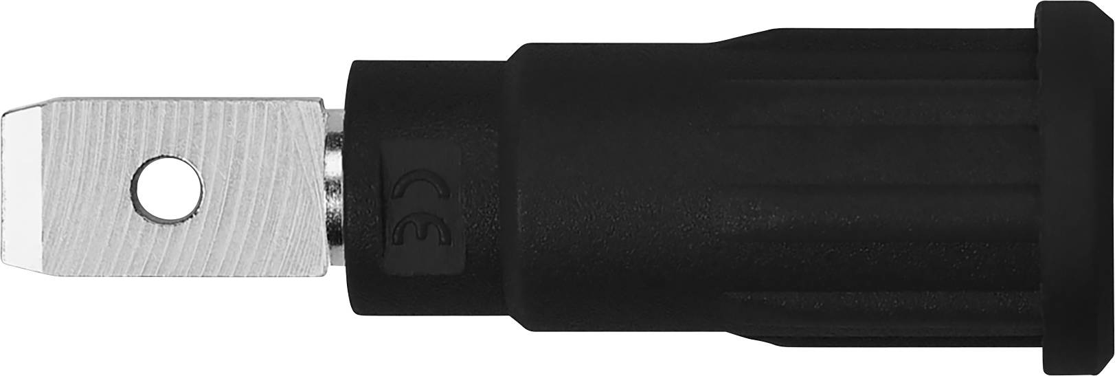 A black, rectangular plug with a metal contact and a side marking on a light background.