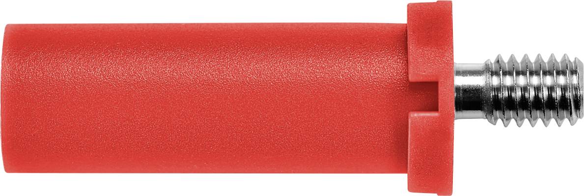 Red cylindrical component with a threaded bolt at one end. Used as a fastening or connecting element in machinery.