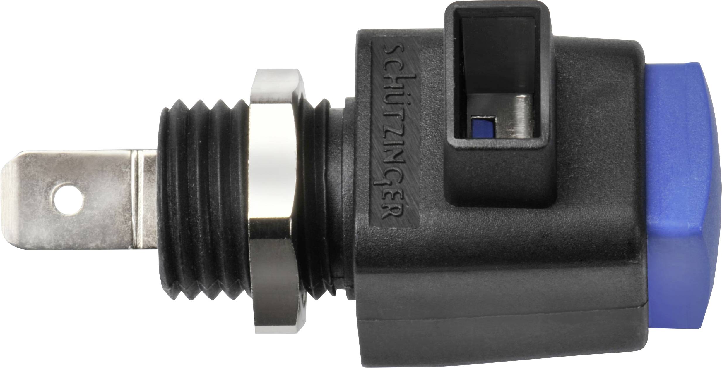 A black and blue electrical connector with metal contact and mounting ring.