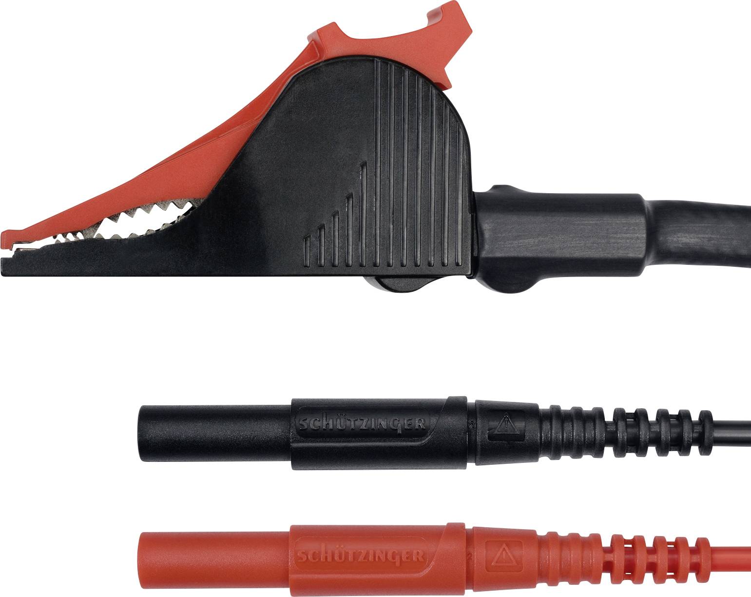 Electrical test leads with black and red crocodile clip connectors for testing electrical circuits.