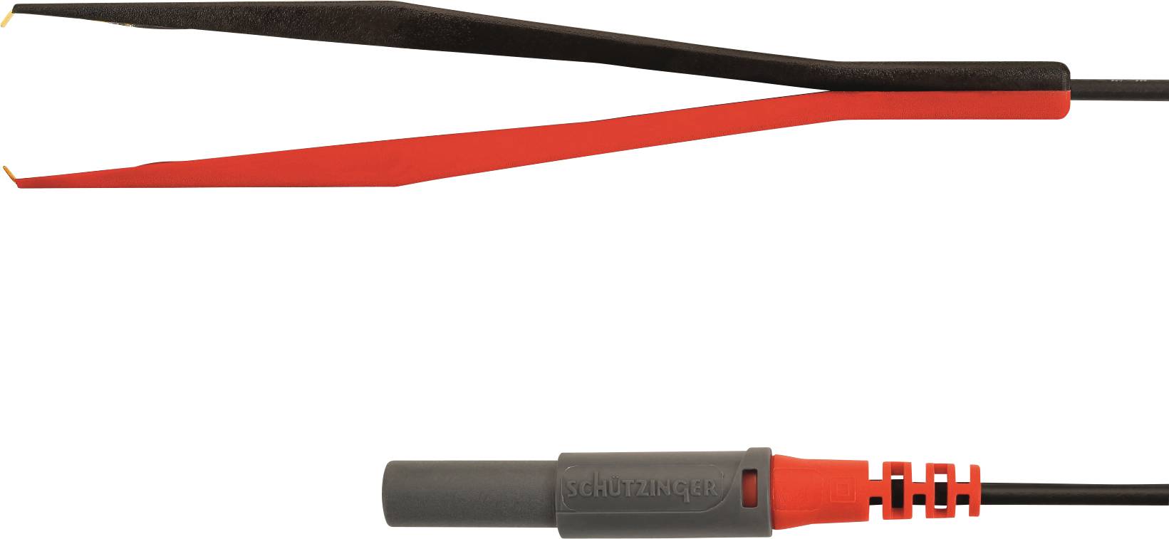 Closed red and black tweezers connected by a cable and plug, suitable for electrical applications.
