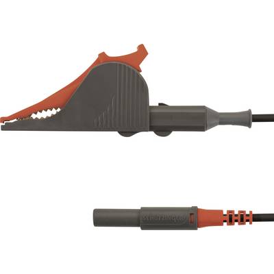 'A crocodile clip with an insulated handle, connected to a cable. Underneath, a grey banana socket.'