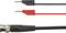 Black coaxial cable connected with BNC connector to two coloured test probes: one red and one black, for testing signals.