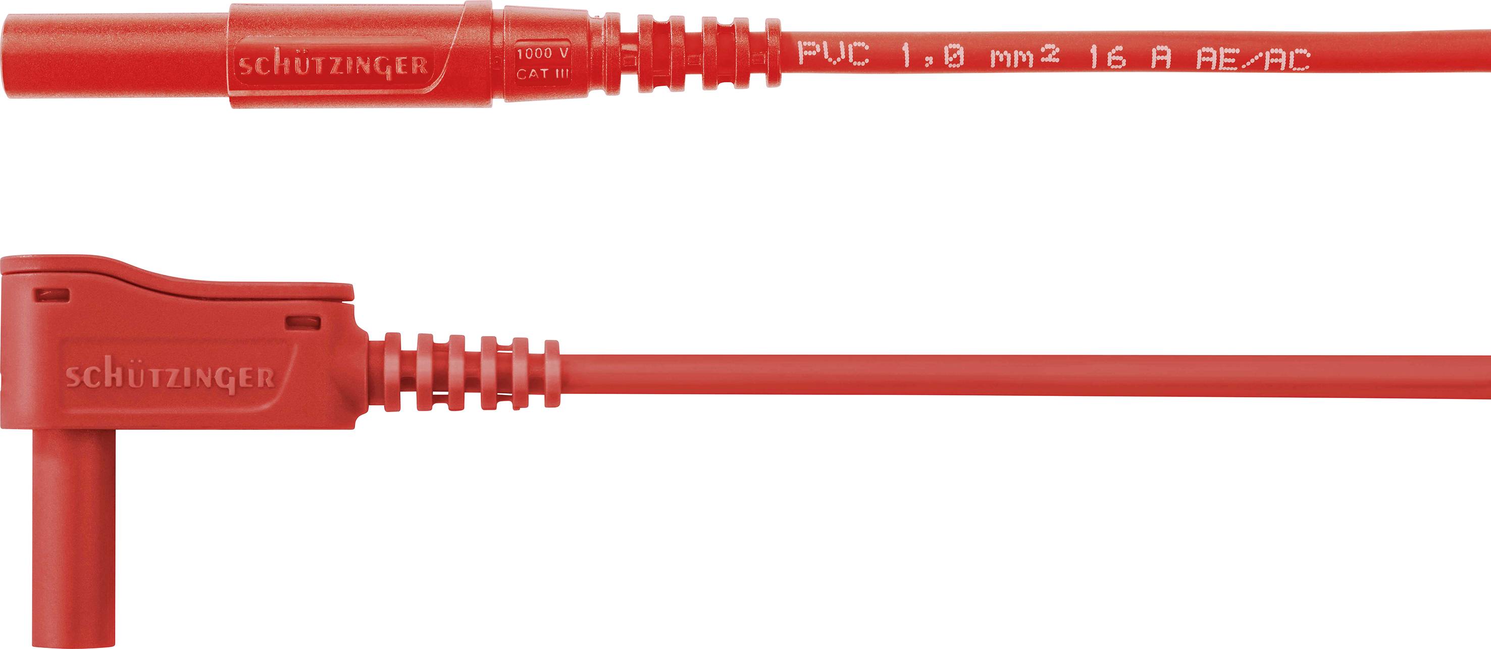 Red electrical cable marked 'PVC, 1.0 mm², 16 A, AC/DC'. Manufacturer: Schützinger.