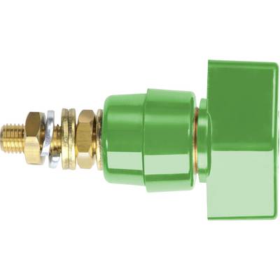 Green water tap with brass thread and washers, viewed from the side.