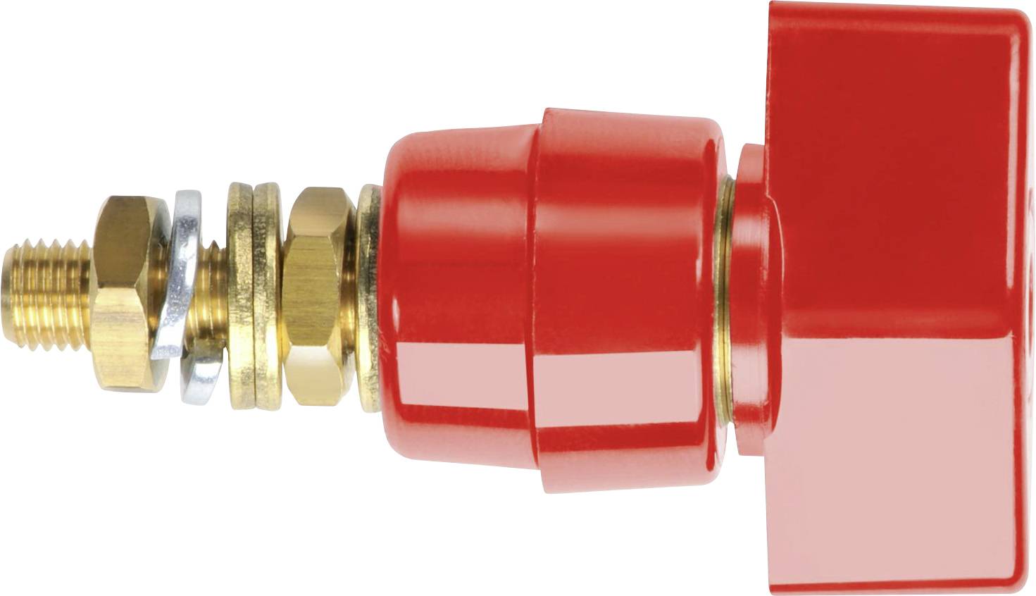 Red valve with multiple metallic connecting elements and a screw, shown from the side.