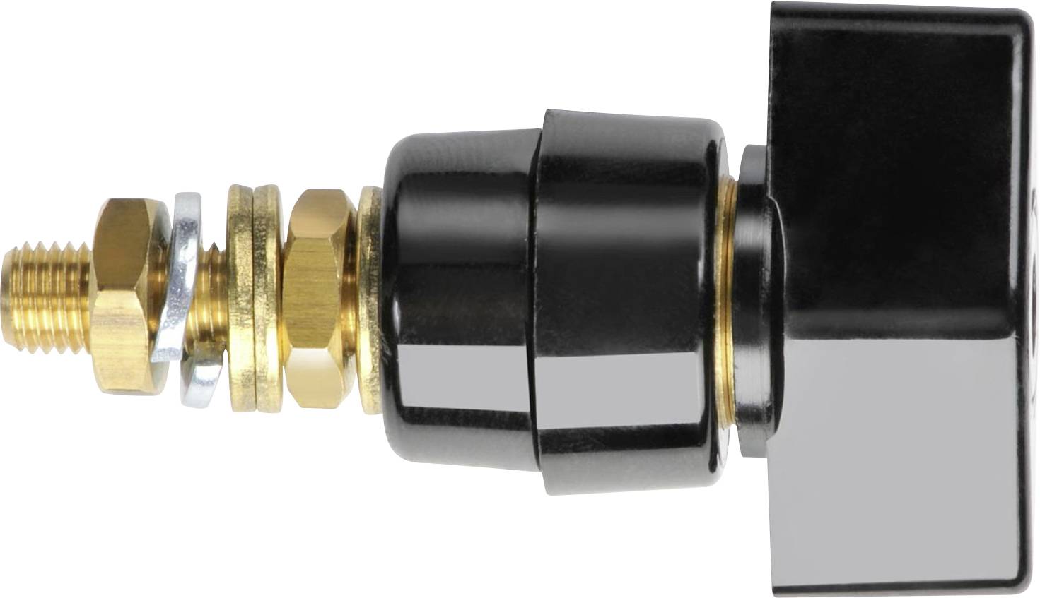 A black socket plug with a metallic thread and four metal discs, shown from the side.