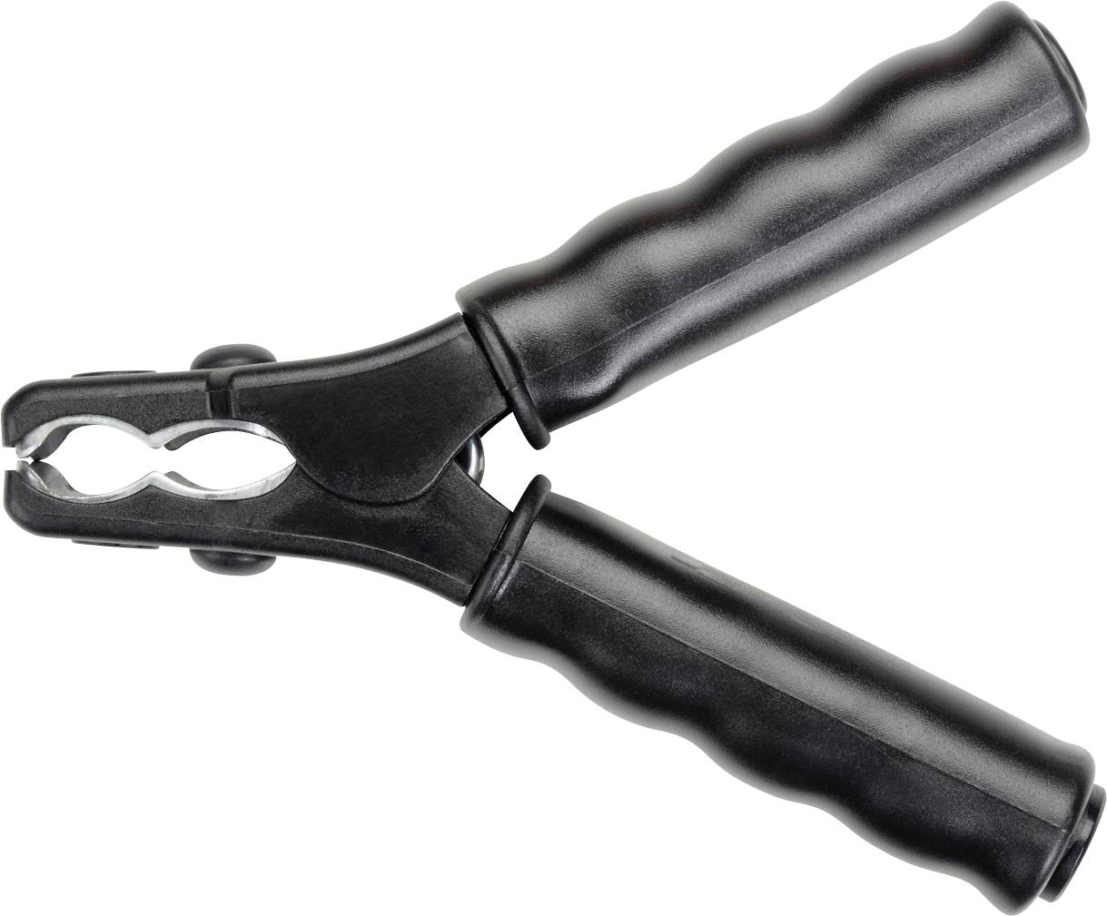A black hand grip trainer with two ribbed handles lies open.