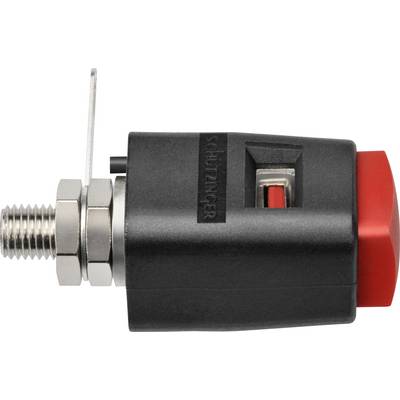 A black push switch with a red button, mounted on a silver threaded connection, is shown from the side.
