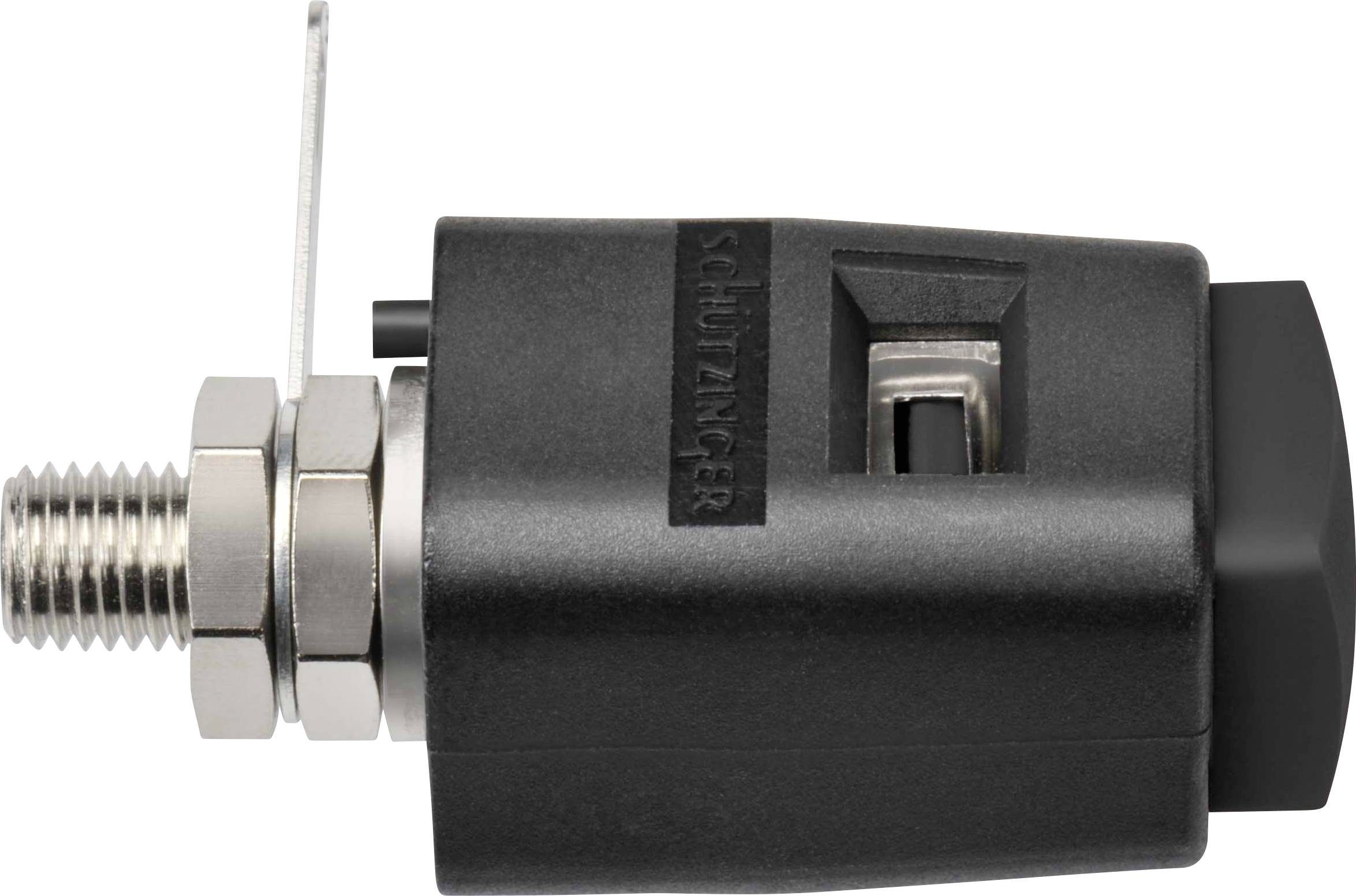 Ventilation connection with a black housing and threaded connection, suitable for industrial applications. A metal protective cover is located on the right side.