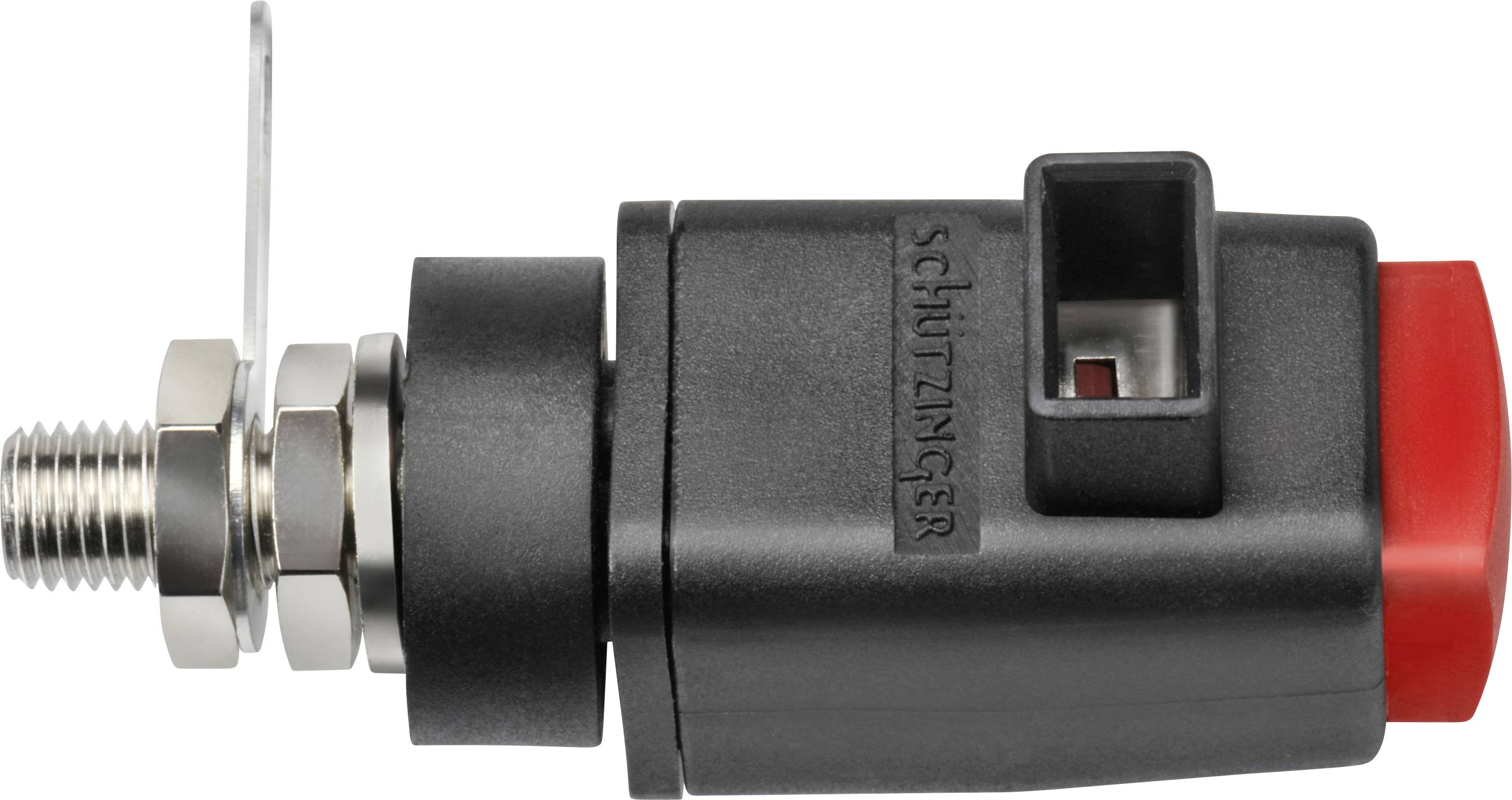 A black and red push switch with a metallic thread and a securing nut. Rectangular shape with connector.