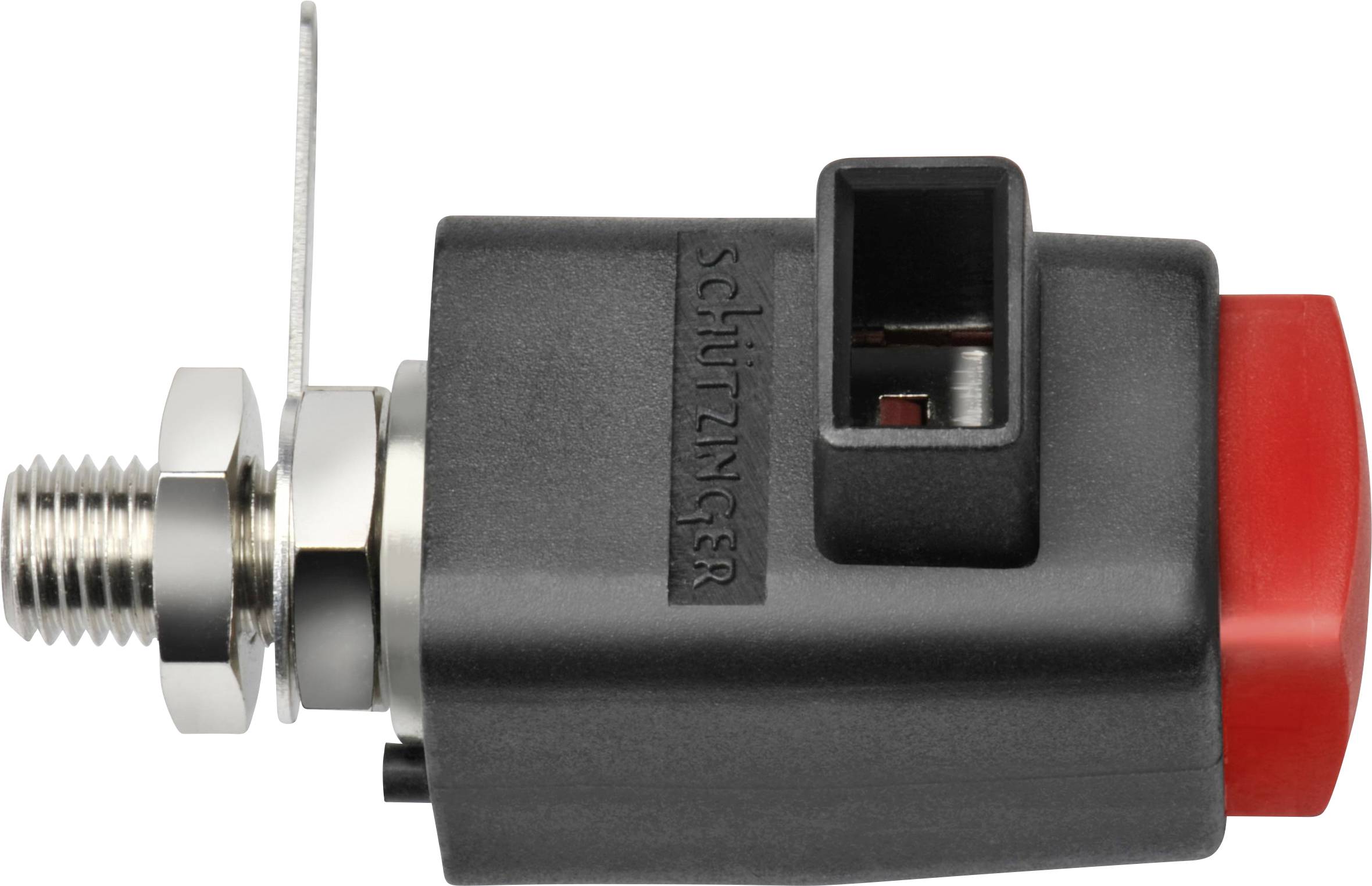 Switching device with red button and screw terminal. On the side it reads 'Schützinger'. Suitable for electrical applications.