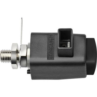 A black socket connector from Schützinger with metal threading and mounting plate, side view. Suitable for specialised electronic applications.