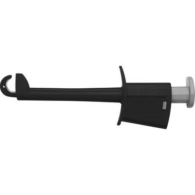 A black injector with a grey plunger and a curved hook at the end. Used for precise dispensing of liquids or medications.
