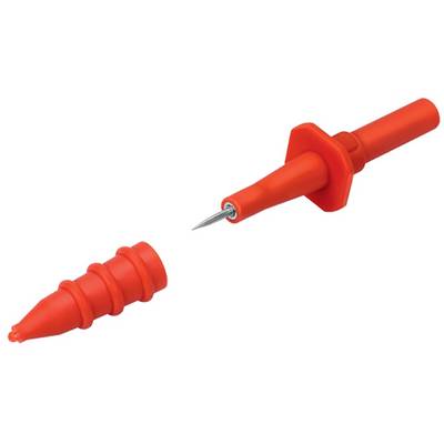 Red test probe tip with removable cover, showing a metal point. Used for electrical tests, observe safety instructions.