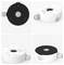 Four views of a round white camera junction box with side ports and mounting holes, showing different angles and configurations.