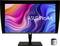 A black ASUS ProArt monitor with vibrant, colourful swirling patterns on the screen and a calibration device beside it.