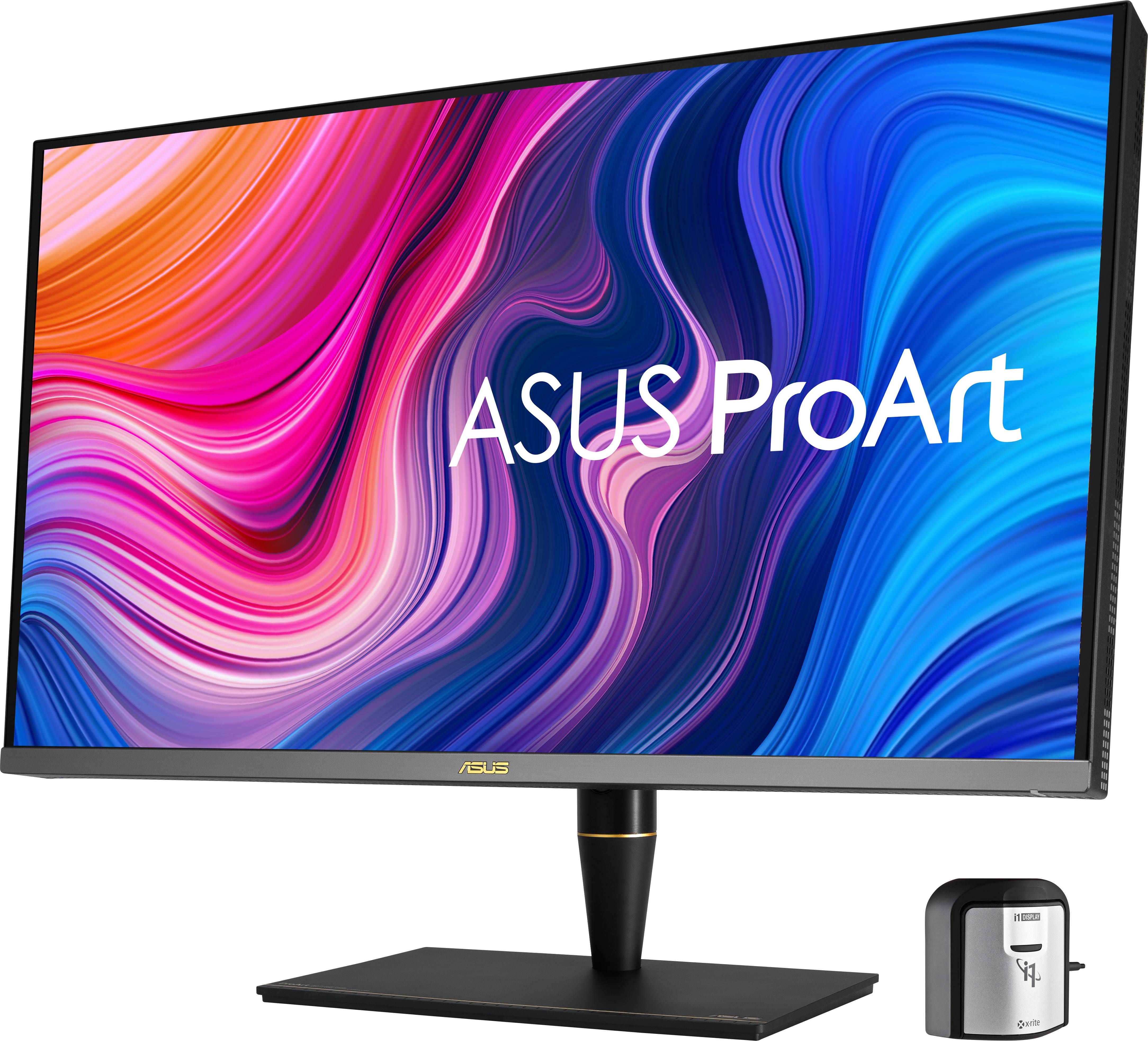 Monitor with colourful screen design, ASUS ProArt logo. Black with golden details. Small device to the right beside it.