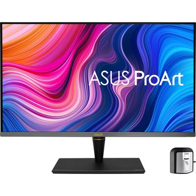 An ASUS ProArt monitor with a colourful, abstract background. A small, grey calibrator sits in the bottom right corner.