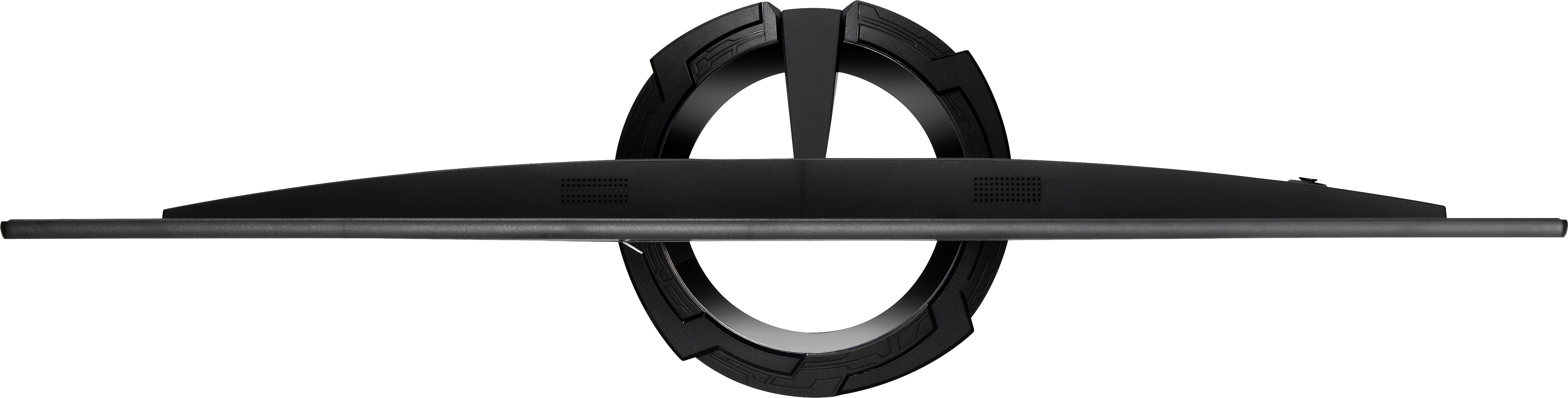 An ultra-slim screen viewed from above, supported by a round, sturdy stand that combines modern design and functionality.