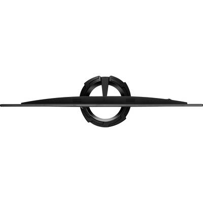 An ultra-slim screen viewed from above, supported by a round, sturdy stand that combines modern design and functionality.