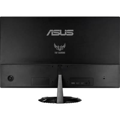 Back of a black monitor with 'ASUS TUF Gaming' inscription, connections and stand are visible.