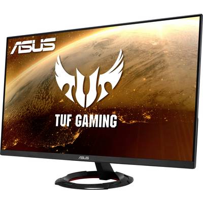 An ASUS TUF Gaming monitor displays an image of the Earth in space. A large TUF logo and the text 'TUF Gaming' are visible.