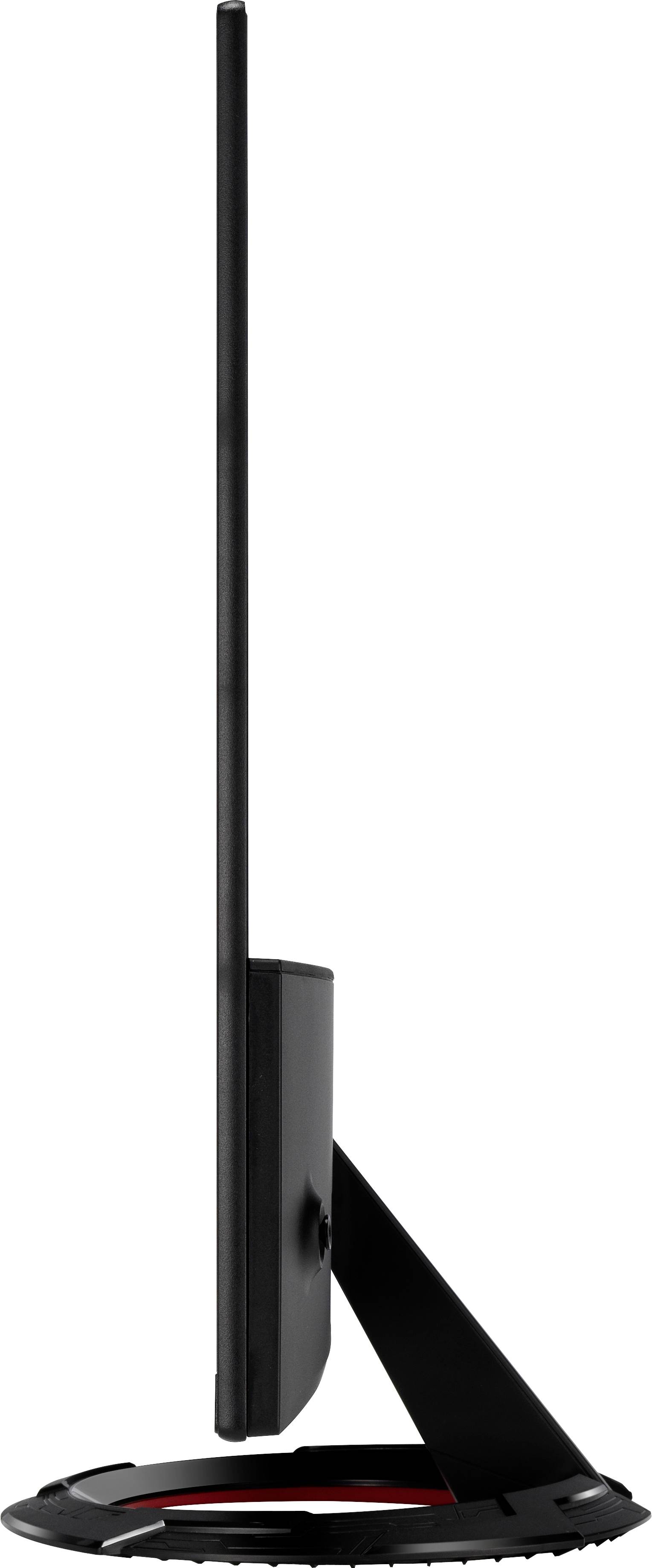 An ultra-thin computer screen in profile on a robust, triangular stand.