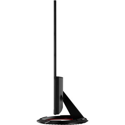 An ultra-thin computer screen in profile on a robust, triangular stand.