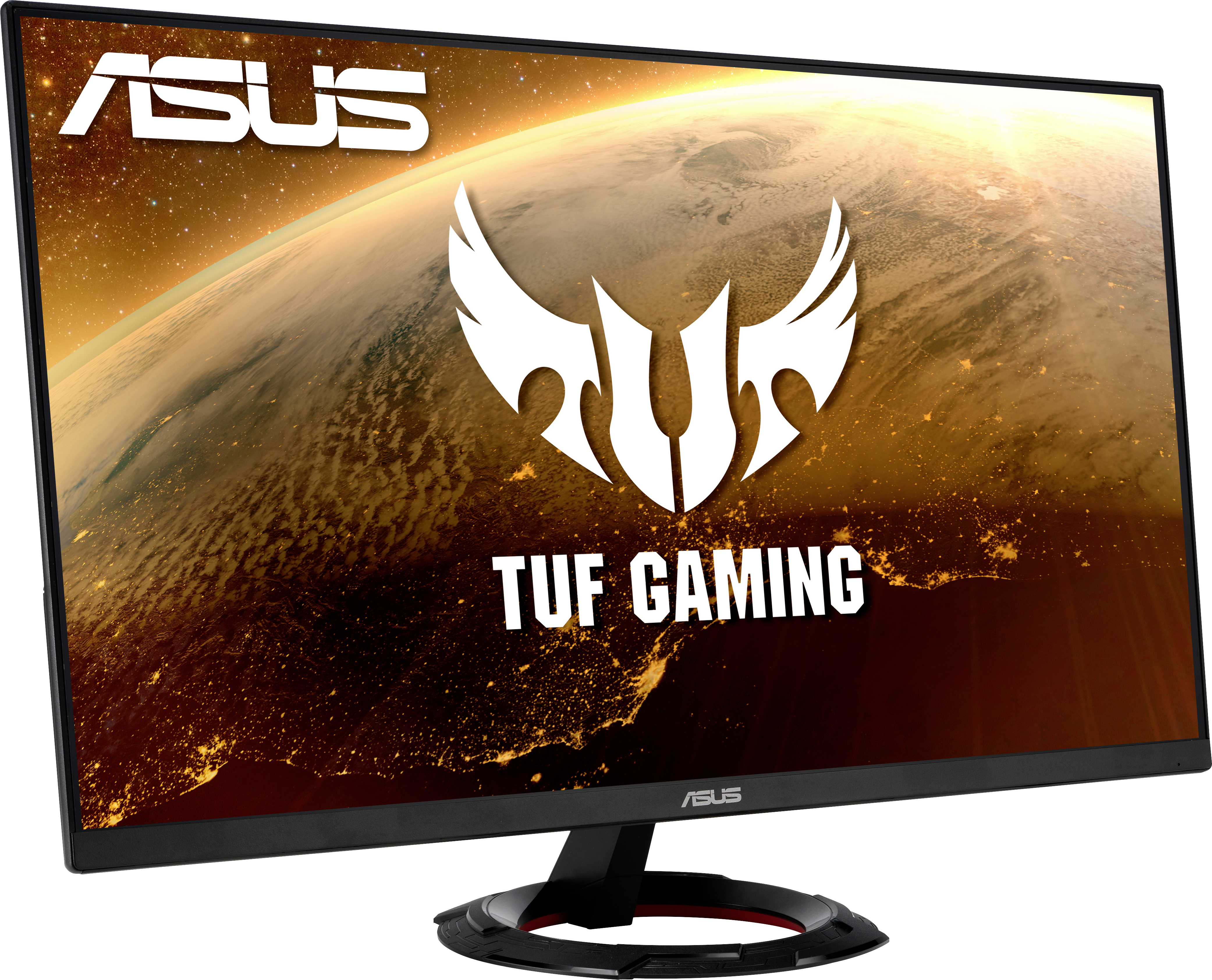 'ASUS TUF Gaming Monitor' with TUF logo displayed on the screen against a cosmic background. High-quality, performance-driven design.