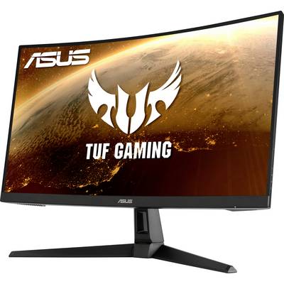 A curved ASUS TUF Gaming monitor with a dynamic space background. The monitor is positioned at an angle and displays the logo.