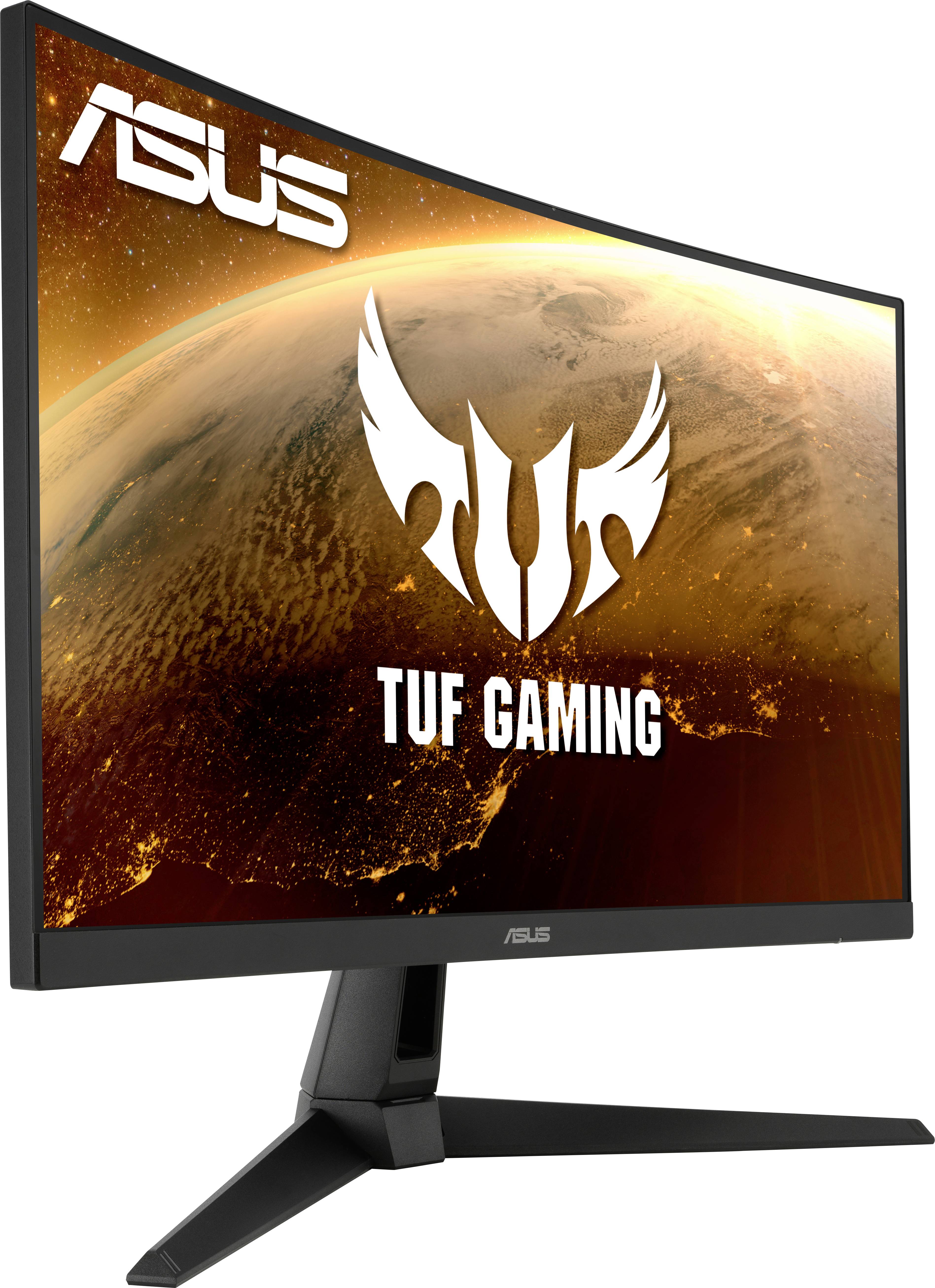 An ASUS TUF Gaming monitor with an orange-yellow background, displaying the TUF logo and the text 'TUF Gaming'.