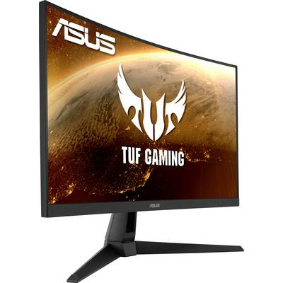 An ASUS TUF Gaming monitor with an orange-yellow background, displaying the TUF logo and the text 'TUF Gaming'.