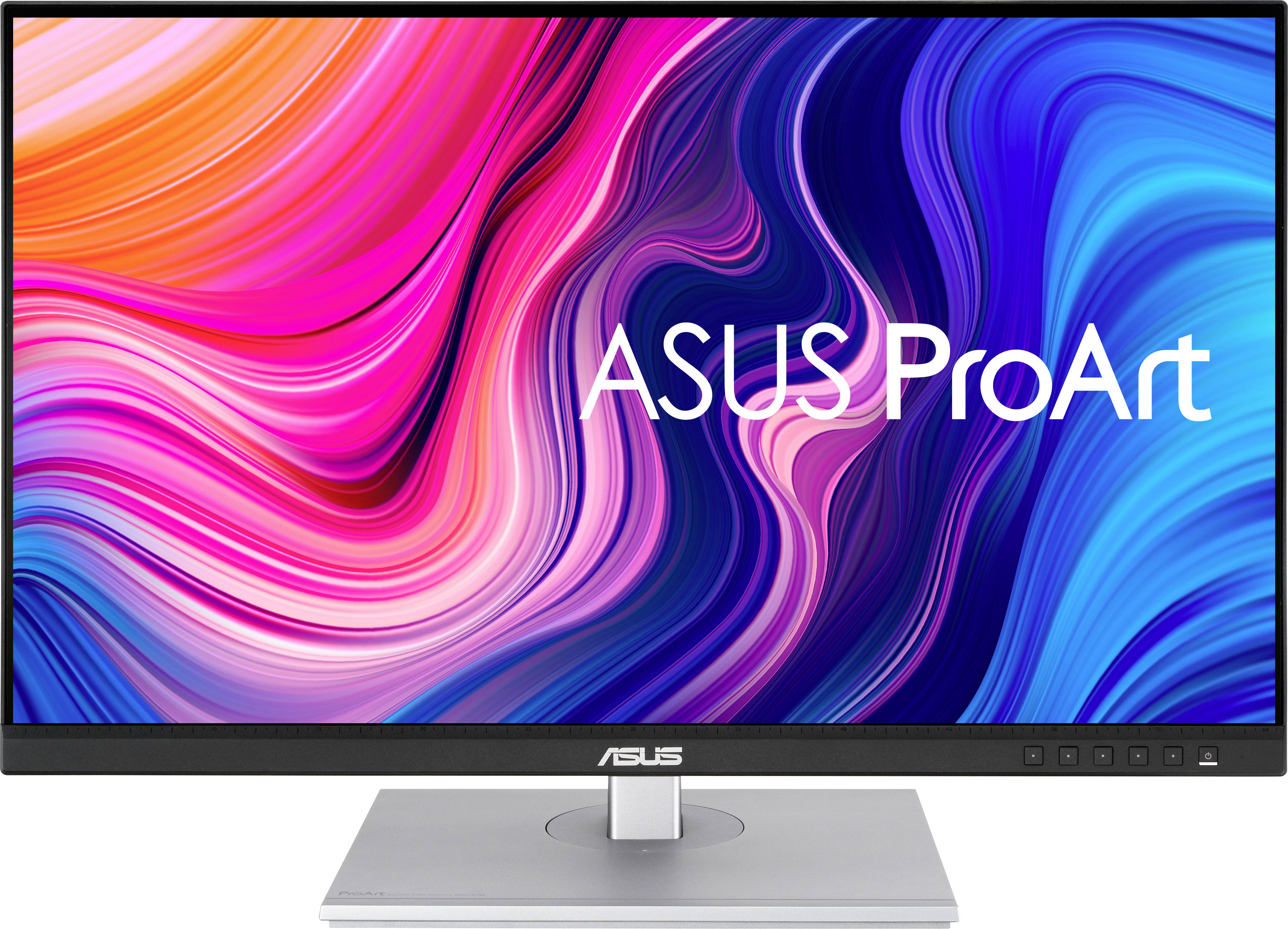 An ASUS ProArt monitor with vibrant, colourful wave patterns on the screen, perfect for creative digital work.