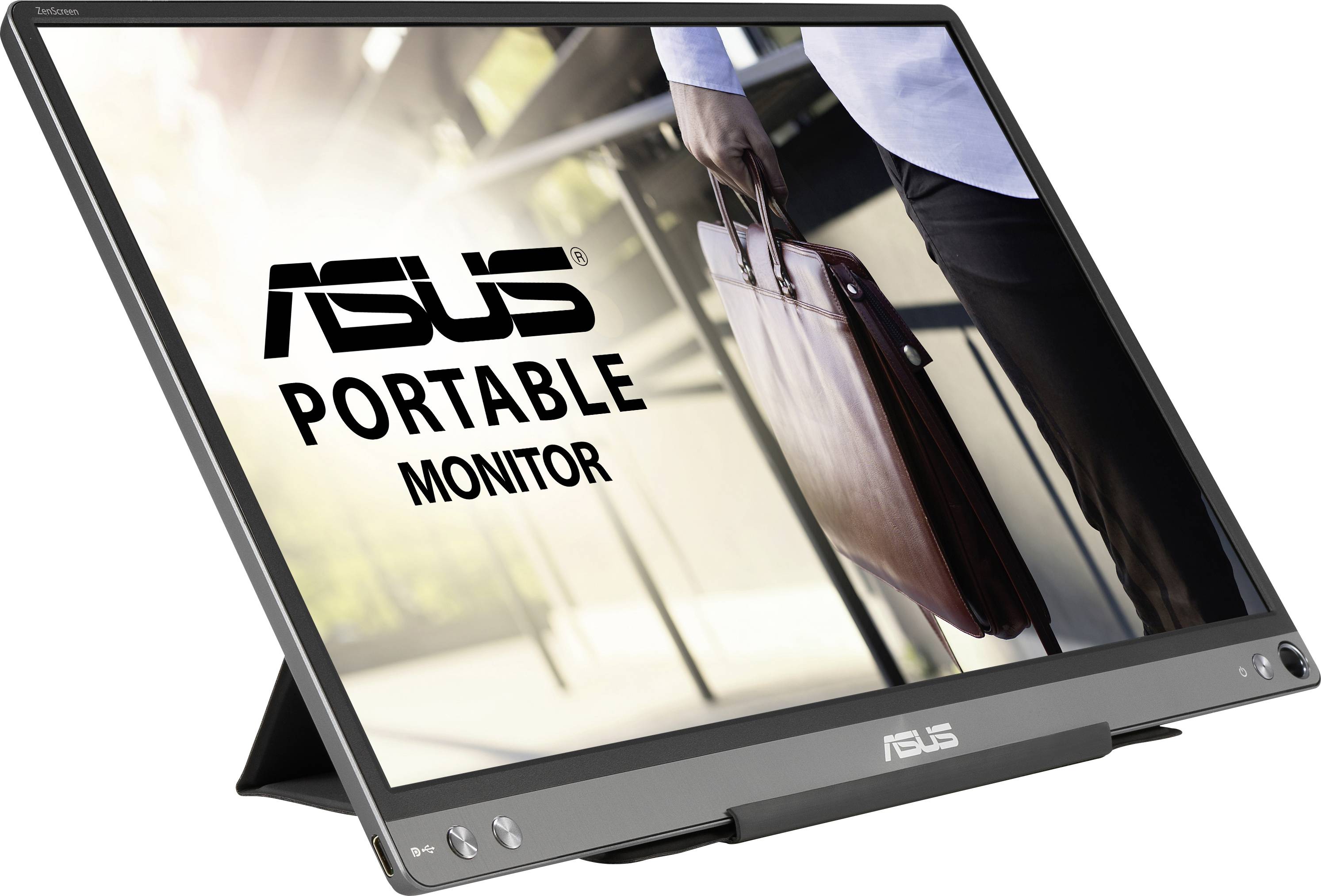 A portable ASUS monitor is shown on a table. In the background, a person is holding a leather bag.