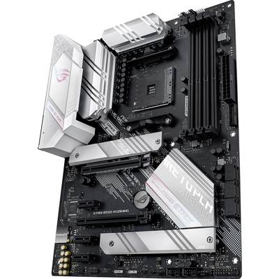 A black motherboard with silver heatsinks and expansion slots. Brand and model are displayed on the heatsinks.
