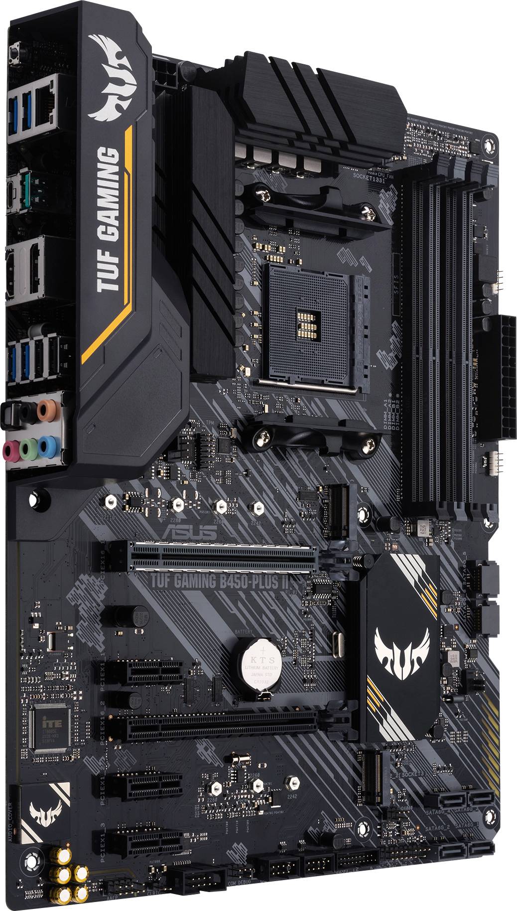 Computer motherboard with connectors and circuits, marked with 'TUF Gaming'. Predominantly black and grey with graphical accents.