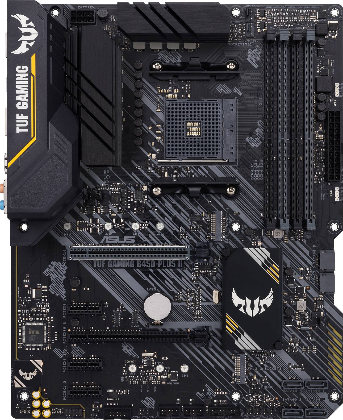 The image shows an ASUS TUF Gaming B450-Plus motherboard with an AMD socket, four RAM slots, and multiple connection options for PCs.