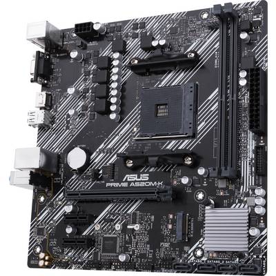 A black motherboard with white lines, multiple expansion slots and connectors. Central socket for the CPU. Model: ASUS PRIME A520M-K.