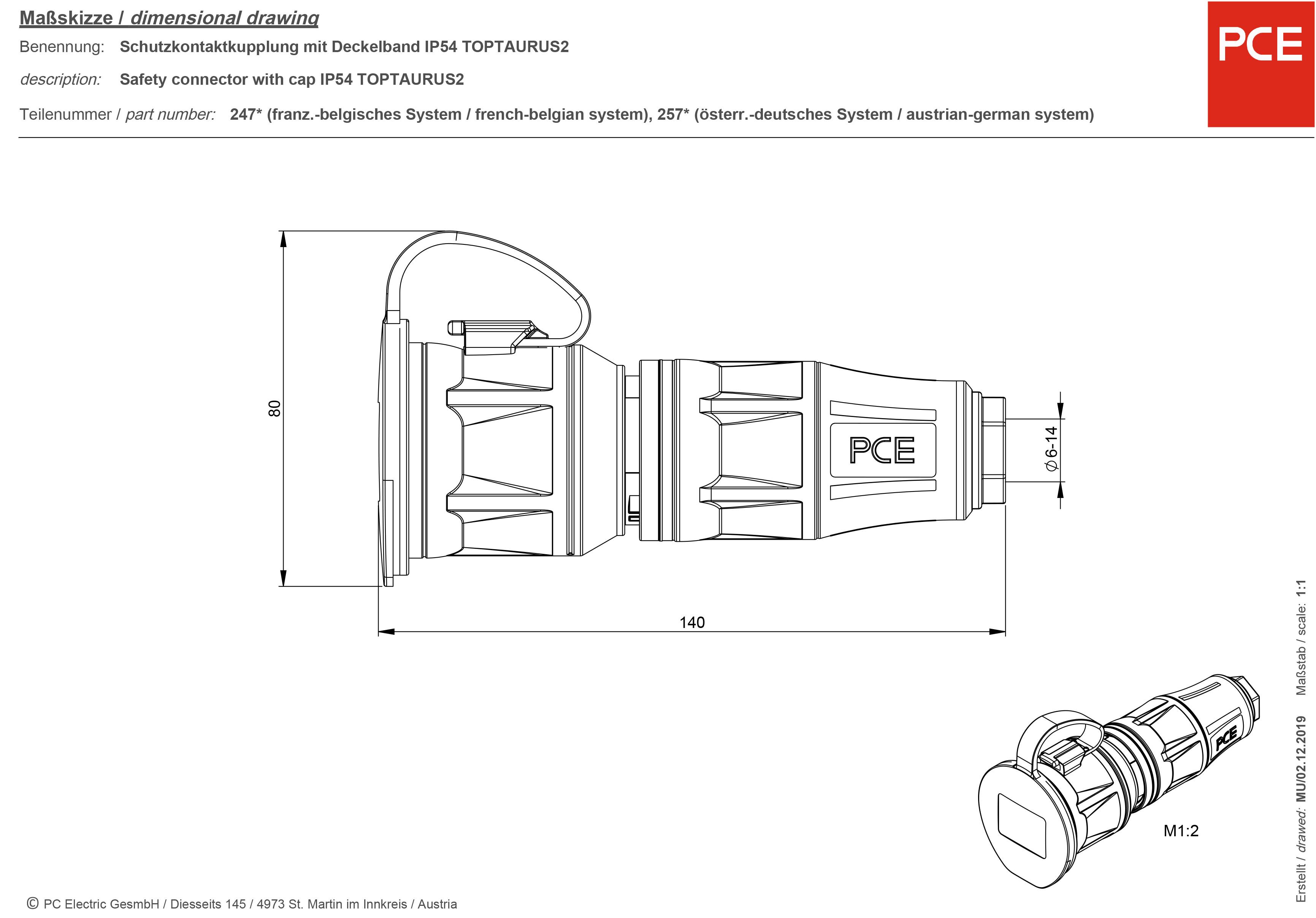 'Technical drawing of a protective plug coupling with cover. Length: 140 mm. Designation: TOPTAURI32. Protection class: IP54.'
